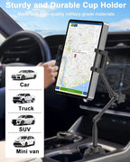 woleyi Tablet Holder for Car Cup Holder, [Full Motion Swivel 19.7" Height] Metal Tablet Car Mount for Truck, for iPad Pro Air Mini, Galaxy Tab, Z Fold, Fire, iPhone, 6-15.6" Devices, Cars Trucks SUVs