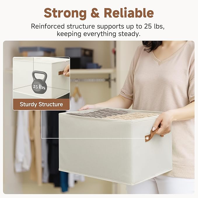 StorageWorks Foldable Storage Bins with PU Handles, Closet Storage Baskets, Fabric Bins for Clothes Storage, Ivory White, 3-P