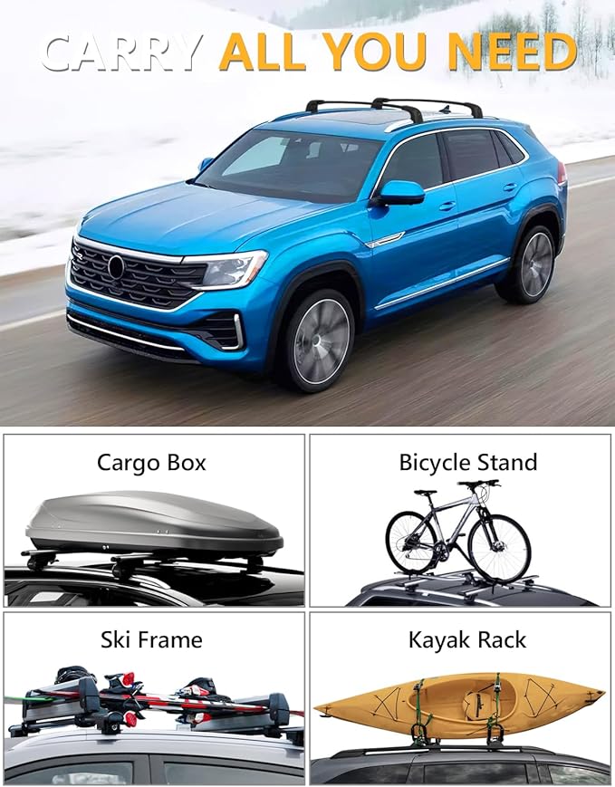 Tuyoung Roof Rack Cross Bars Compatible with Volkswagen VW Atlas Cross Sport 2020-2026, 220lbs Lockable Heavy Duty Anti-Theft Aluminum Rails Crossbars Cargo Carrier Bag