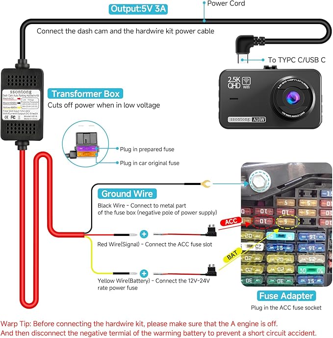 Dash Cam Hardwire Kit, Acc Hardwire Kit for Dash Camera Type C 3-Lead Hard Wire Kit 12V-24V to 5V USB-C Hard Wire Kit w/Low Voltage Protection 13ft Charger Power Cord for GPS Radar Detectors and More
