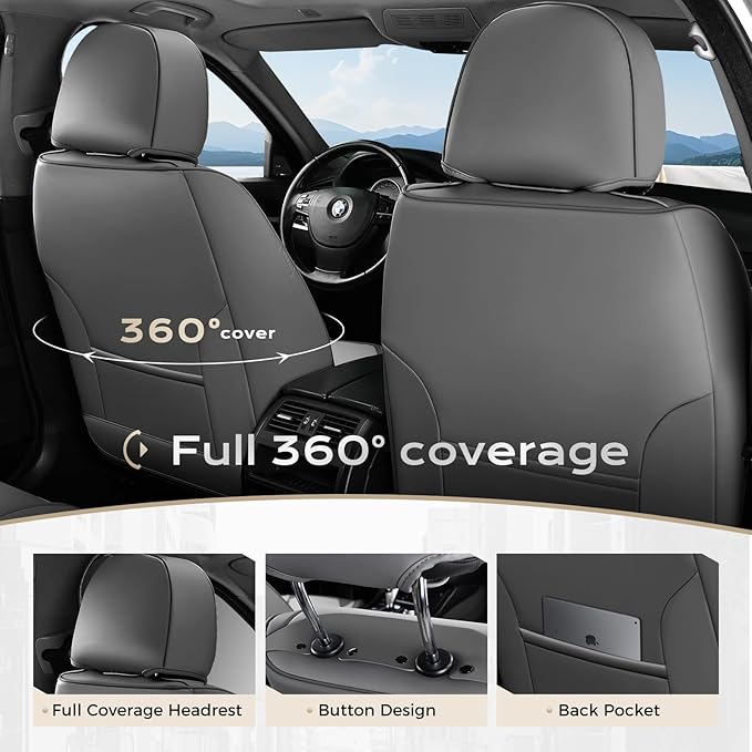 Coverado Car Seat Covers Full Set, Nappa Leather Seat Covers for Cars, Car Seat Protector Car Seat Cushion, Front and Back Se