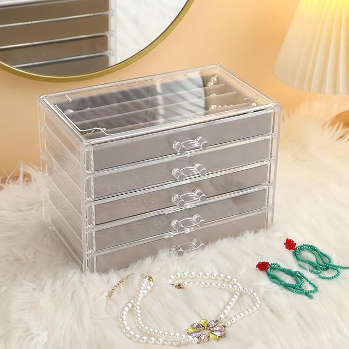 5 Drawerss Necklace Organizer Box, Tray with Clear Lid, Dustproof Velvet Necklaces Holder Storage Display Case, Gery Necklace