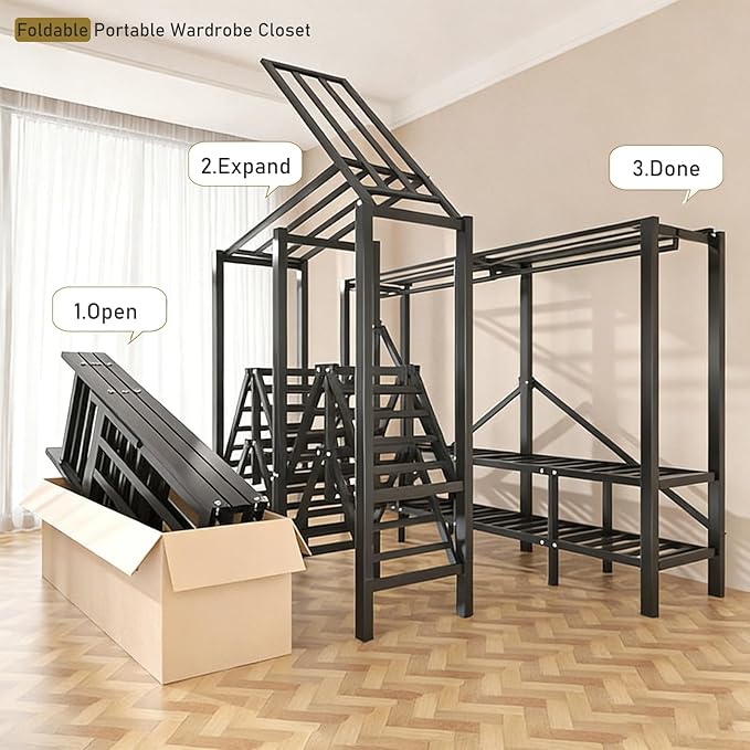 Foldable Portable Wardrobe On Wheels, Freestanding Garment Rack, with Magnetic Door 2000lbs, Heavy Duty Clothes Rack, for Bed