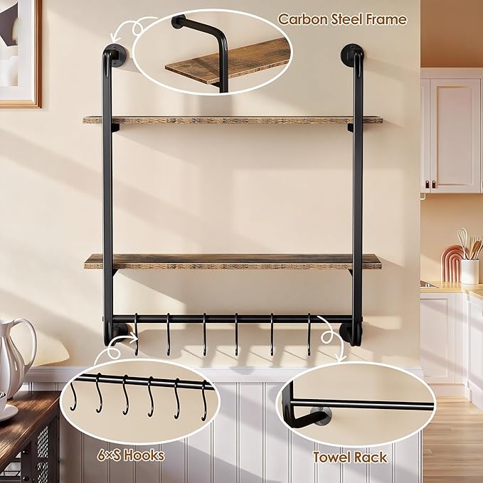 2 Tier Industrial Pipe Shelving, 24" Kitchen Shelves Wall Mounted with 6 Hooks, Coffee Bar Shelves Display Bookshelf Wall She