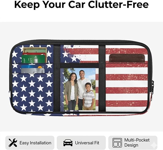 American Flag Car Sun Visor Organizer,Multi-Pocket Visor Organizer Storage Pouch with Double Zippers Document Holder for Insurance, Pen, Chapstick