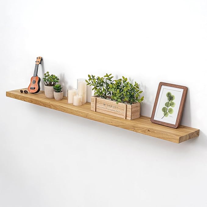 55 Inch Floating Shelves for Wall, Solid Elm Wood Wall Shelf for Home Decor, 8 Inch Deep Floating Shelf for Storage, 55 x 8 W