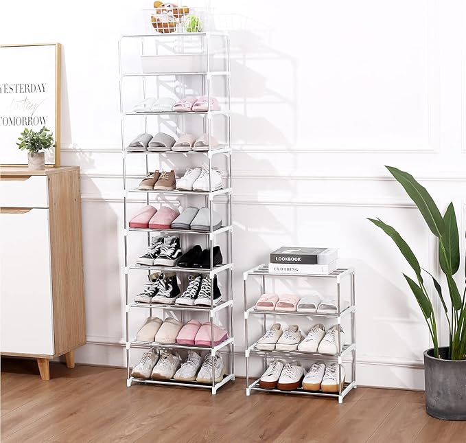 Jucaifu Stackable Small Shoe Rack, Entryway, Hallway and Closet Space Saving Storage and Organization (10-Tier, White)