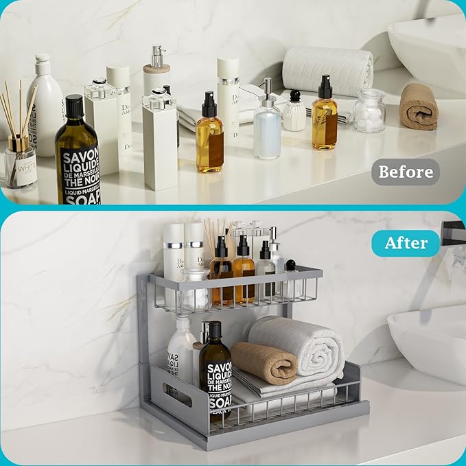 REALINN Under Sink Organizer, Pull Out Cabinet Organizer 2 Tier Slide Out Sink Shelf Cabinet Storage Shelves, Storage for Kit