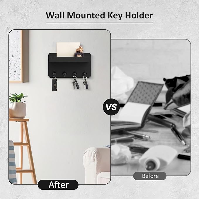 Nekon Key Holder Wall Mount, 8.5 Inch Small Home Decor Wooden Wall Organizer with 4 Hooks and Shelf, Key and Mail Holder for 