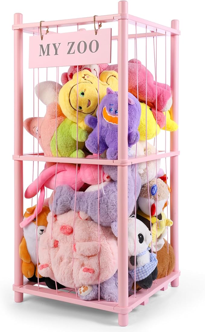 GLDZI Stuffed Animal Storage Zoo, Wooden Stuffed Animal Organizer with Elastic Cords for Boys Girls, Space Saving Toy Plushie