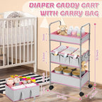 FoldTier 2in1 Baby Diaper Caddy Organizer Cart 3 Tier Large Capacity Metal Utility Bedside Rolling Cart with Divider Newborn 