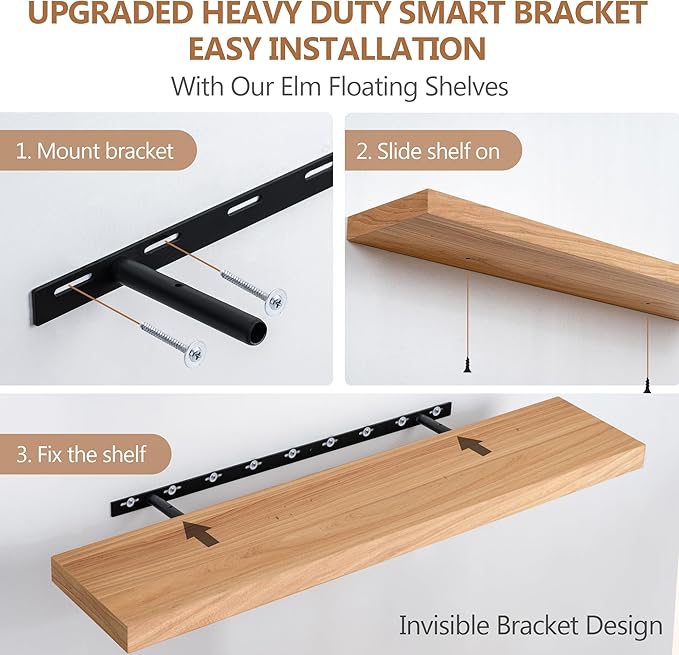 Floating Shelves, Deep USA-Sourced Rustic Elm Wood Wall Shelves for Storage, 8 Inch Deep Wall Mounted Display Shelving with I