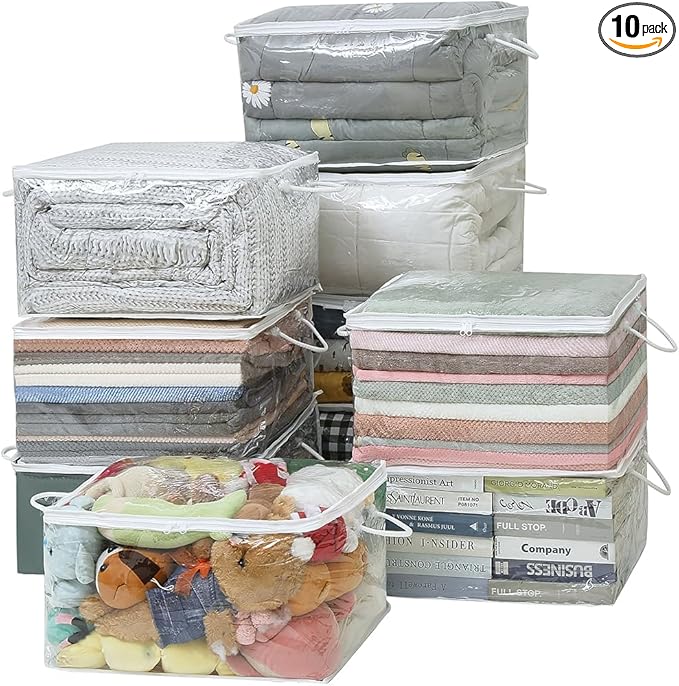 10 PCS Clear Zippered Storage Bags with Handle, Sweater Storage with Zipper, Foldable Closet Organizer Bed Sheet Organizer, C