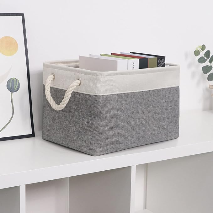 HNZIGE Large Fabric Storage Baskets (3 Pack) - Foldable Gift Baskets with Rope Handles, Decorative Organizers for Home (White