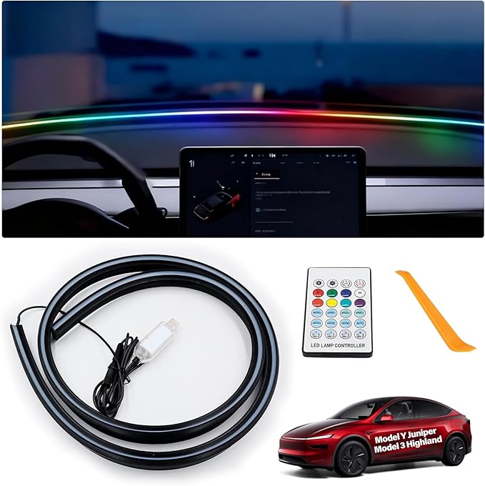 for Tesla LED Car Ambient Lighting Strip Model Y Juniper Model 3 Highland Accessories 2017-2026 Dashboard Windshield Interior LED Light Strip Waterproof Decoration Atmosphere Ambient Lighting