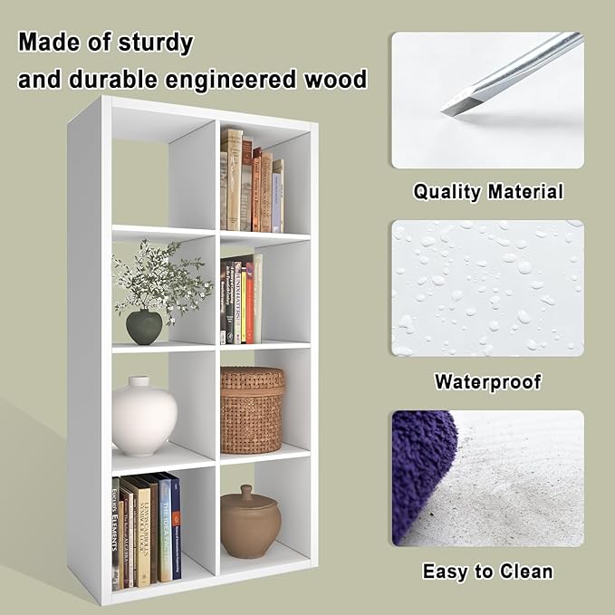 CTESNE【2026 Wooden Thick Frame 8 Cube Storage Organizer Shelf with Anti-Tipping Kits + Reversible Open Back Bookcase, Horizon