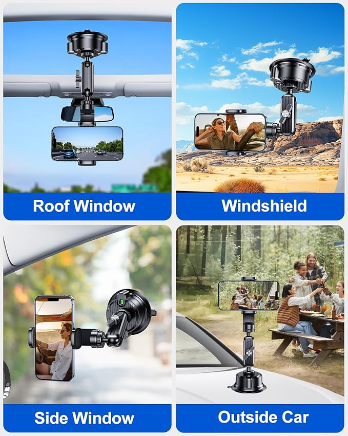 Suction Car Phone Mount Windshield,Ultra-Stable 360 Rotatable Car Phone Holder for Video Recording Sunction Mount,Car Mount for iPhone 16 Pro Max GoPro Insta 360 Camera Vlog Shooting Filming