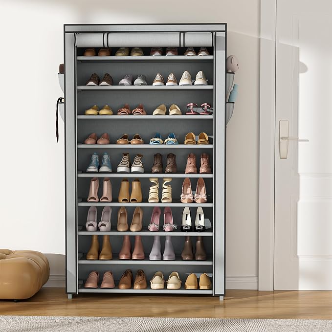 VILICK Shoe Rack with Cover Narrow Shoe Organizer with Pockets 10 Tier Tall Shoe Storage Holds 36-41 Pairs Shoes and Boots Sh