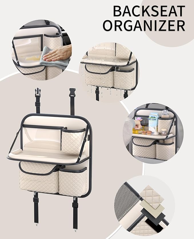 Car Seat Organizer, Backseat Organizer with Foldable Table Tray & Cup Holder, Leather Car Storage for Kids, Women & Mobile Makeup Station, Road Trip Essentials for SUV, Truck, Car (Beige)