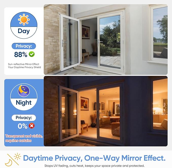 SUNBABY Window Tint for Home, One Way Privacy Film Heat & UV Blocking, Static Cling No Glue Renter Friendly Cover for Home Bedroom, Office & Sliding Glass Door, 17.5 x 118.1 Inch with 3 Tools, Silver