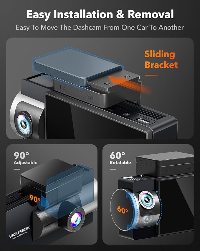WOLFBOX i17 4K 3 Channel Dash Cam Built-in 5.8GHz WiFi with 64GB Card, 4K+1080P+1080P Dash Cam Front and Rear Inside, Triple 