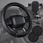 CAR PASS Leather Rubber Steering Wheel Cover Combo Set Universal Fit for Truck SUV Car Ram F150 Tundra 4Runner Tacoma Mobile Phone Holder Anti-Slip Heavy Duty Tire Tread Large-Size 15.5"-16" Black