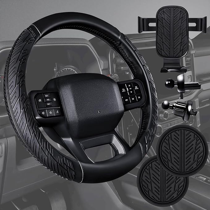 CAR PASS Leather Rubber Steering Wheel Cover Combo Set Universal Fit for Truck SUV Car Ram F150 Tundra 4Runner Tacoma Mobile Phone Holder Anti-Slip Heavy Duty Tire Tread Large-Size 15.5"-16" Black