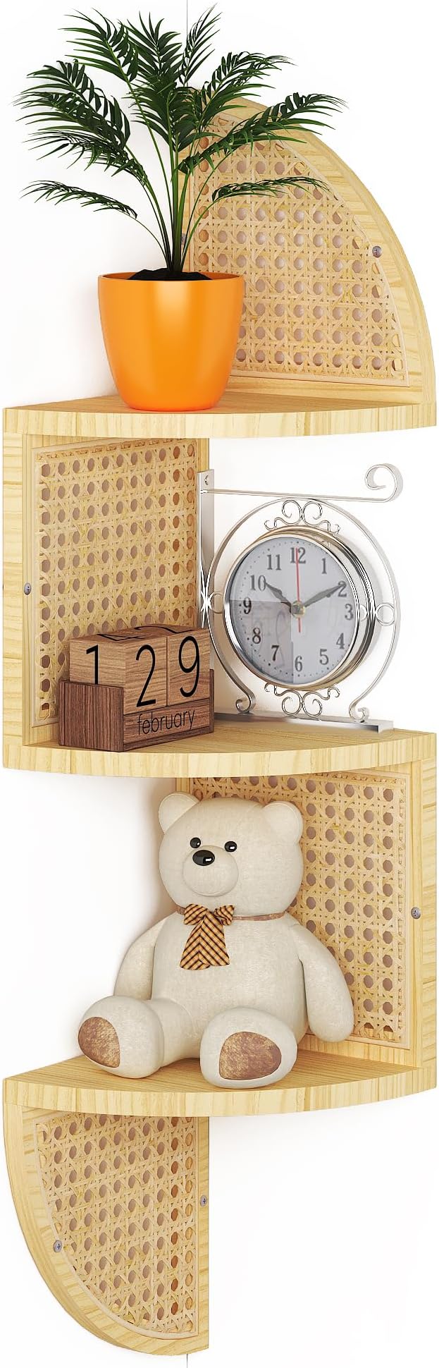 3-Tier Corner Shelf - Wooden Rattan Wall Mounted, Zig Zag Hanging Shelves for Bedroom, Living Room & Bathroom