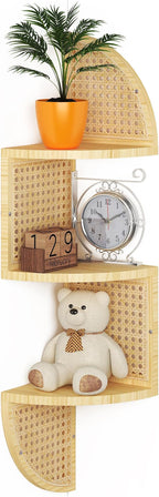 3-Tier Corner Shelf - Wooden Rattan Wall Mounted, Zig Zag Hanging Shelves for Bedroom, Living Room & Bathroom