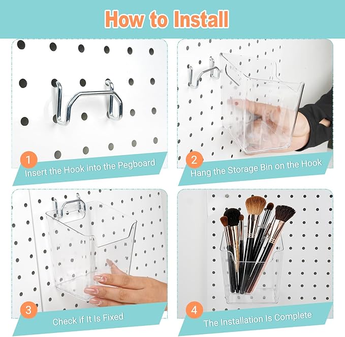 8 Pack Large Pegboard Bins with Hooks, Square Box Shape Peg Board Cups and Peg Board Accessories for Craft Room, Playroom, Of