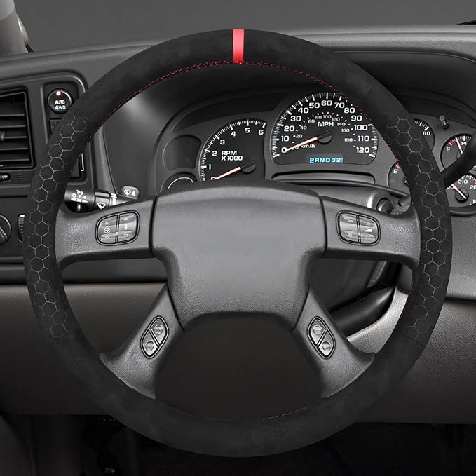 MEWANT Hand Stitched Steering Wheel Cover for Chevy Silverado 1500 2003-2006 Black Hive Embossed Athsuede Steering Wrap