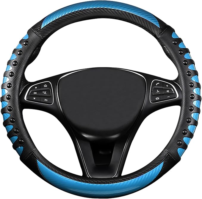 Car Leather Steering Wheel Cover - Carbon Fibre Material, Universal 14.5-15 Inch Leather Anti-Slip Breathable Auto Steering W