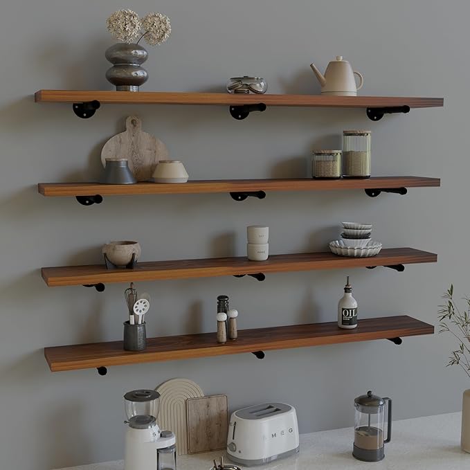 Industrial Pipe Wall Wood Shelves,Real Wooden Shelves 48" in Walnut Color with 1.2" Extra Thickness, Modern Floating Shevles