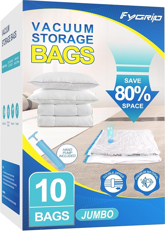 Fygrip Vacuum Storage Bags with Hand Pump, Plastic Packaging Bags, 80% Space Saver Vacuum Seal Bags for Clothing, Travel Lugg