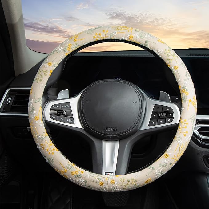 Beige Spherical Flowers Steering Wheel Cover Auto Embroidery Steering Wheel Protector, Anti-Slip, Breathable, Absorbing Sweat