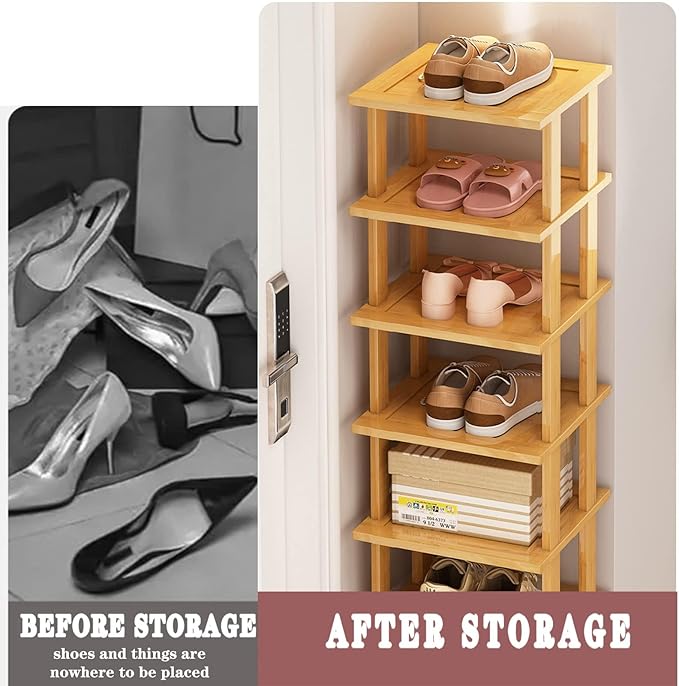 Bamboo Shoe Rack 12 Tier- Vertical Shoe Rack for Small Spaces, Tall Narrow Shoe Rack Organizer for Closet Entryway Corner Gar