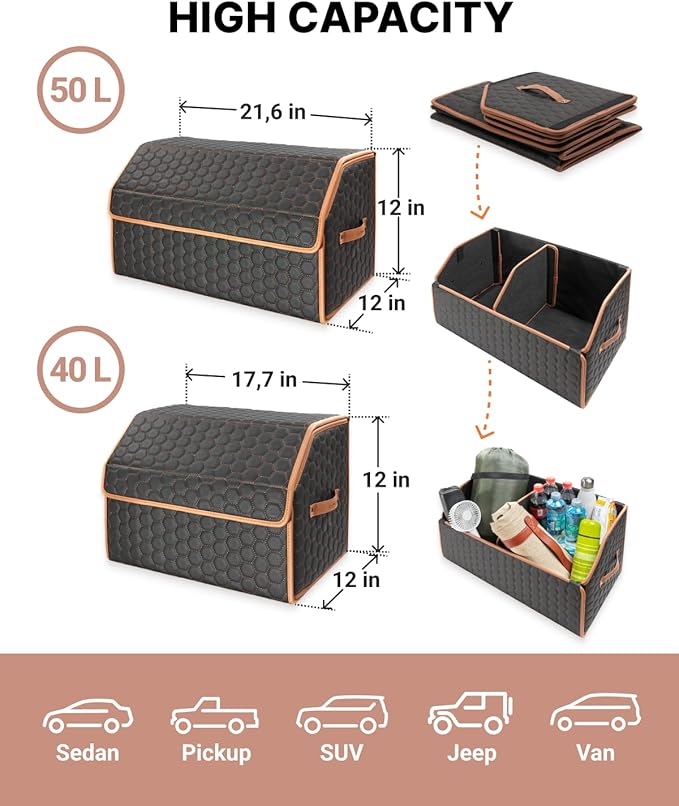 Owleys Rear Cargo Organizer For SUV | Set Of 17.7" & 21.6" Eco-Leather Crates | Foldable Car Storage With Magnetic Lids |