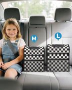 Corduroy Car Trash Can with Lid and Mesh Pockets - Leakproof Organizer,Multipurpose Waterproof Garbage Can/Trash Bin for Car(Black and White Check-2 Gallons)