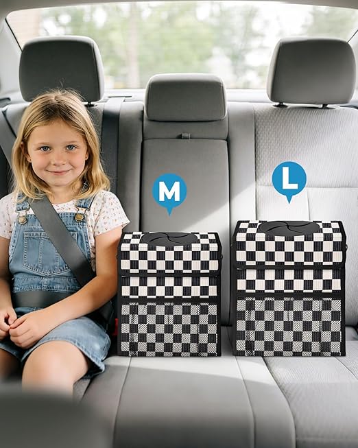 Corduroy Car Trash Can with Lid and Mesh Pockets - Leakproof Organizer,Multipurpose Waterproof Garbage Can/Trash Bin for Car(Black and White Check-2 Gallons)