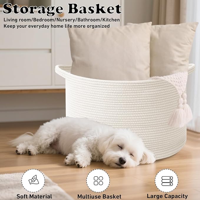 115L Extra Large Woven Cotton Rope Blanket Basket with Handles, Laundry Hamper Storage Bin for Pillows, Comforters,Clothes, T