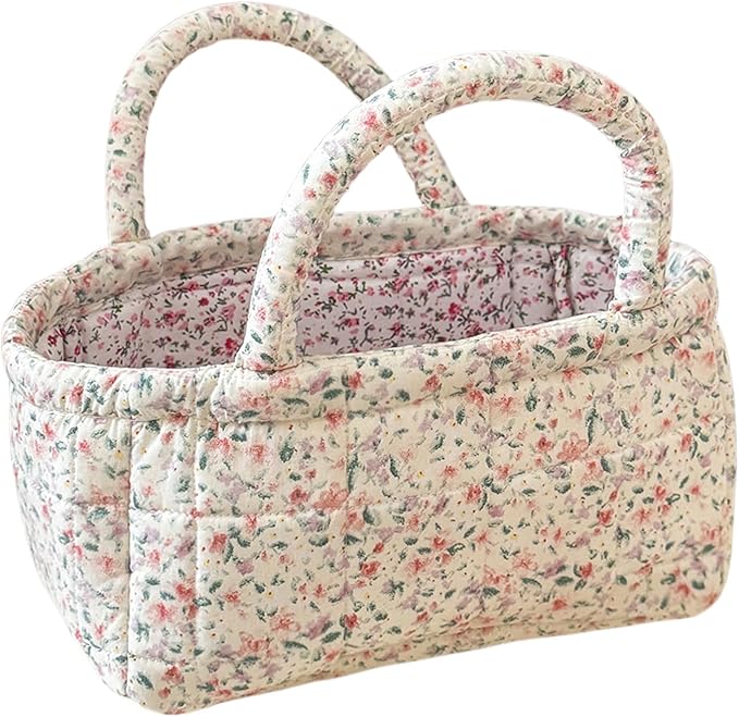 Small Storage Basket Organizer, Mini Fabric Floral Storage Baskets with Handle, Quilted Portable Collapsible Storage (O)