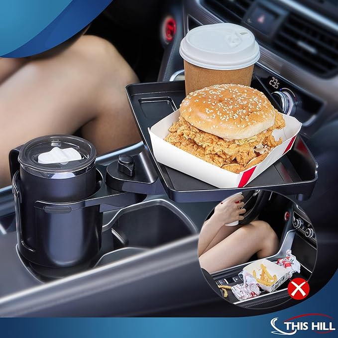 This Hill Cup Holder Tray for Car, 2 in 1 Detachable Car Food Table Tray with Solid Base & Phone Slot,Car Cup Holder Expander