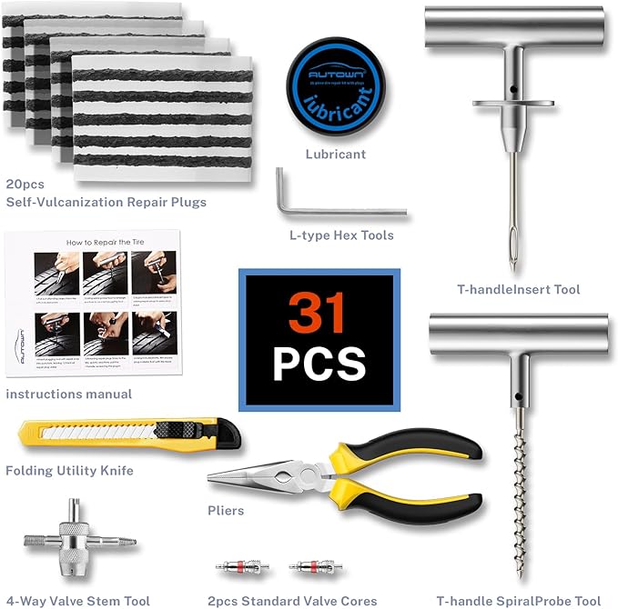 AUTOWN Flat Tire Repair Kit with Plugs 31 Pcs for Car, Motorcycle, ATV, Jeep, Truck, Tractor Flat Tire Puncture Repair