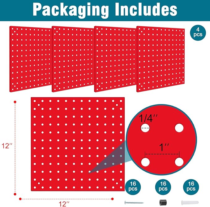 4 Pack Steel Peg Board,Universal 1/8 and 1/4 Pegboard Accessories,Ideal for Garage Tool Storage, Office Organization, Craft R