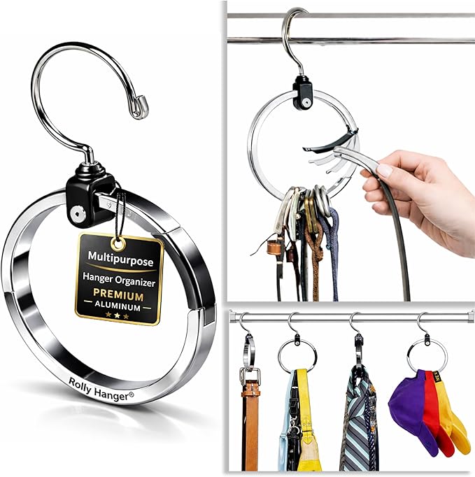Rolly Hanger® Closet Space Saver – Premium Rotating Aluminum Organizer for Belts, Ties, Hats & Handbags – Heavy Duty 360° Swi