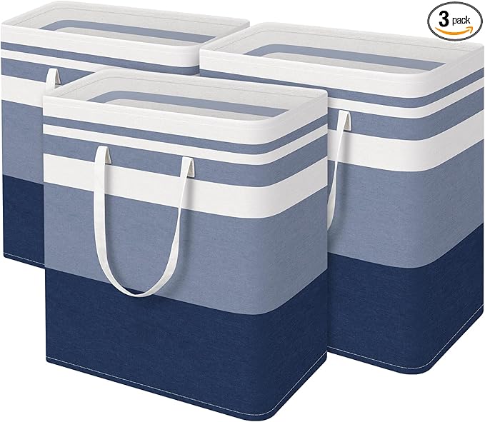 BlissTotes 3-Pack Laundry Basket, Freestanding＆Waterproof Laundry Hamper, Collapsible Tall Clothes Hamper with Easy Carry Han