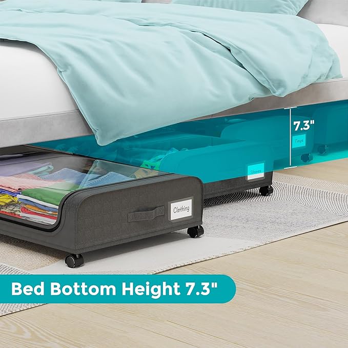 oylik 4 Pack Under Bed Storage with Wheels, Under Bed Shoe Storage Larger Capacity with PVC Clear Window & Label, Under the B