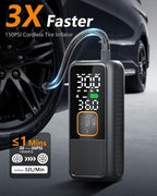 Tire Inflator Portable Air Compressor, 150 PSI Rechargeable Air Pump with Digital Pressure Gauge and LED Light, Smart Auto-Off Tire Pump for Car, Motorcycle, Bike, Ball