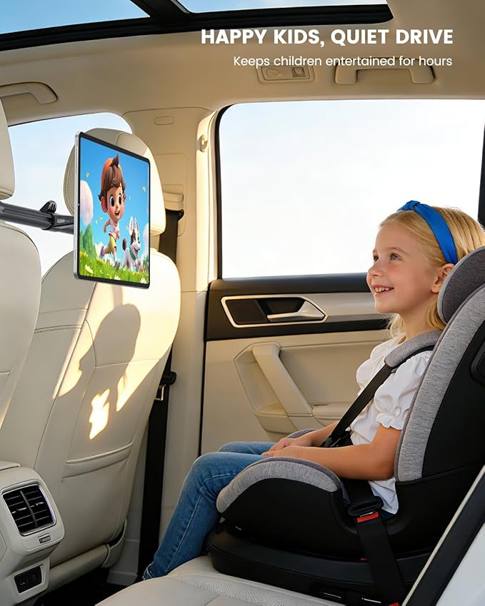 OHLPRO Car Headrest Tablet Mount Holder for Kids Road Trip Essentials - Extendable Aluminum Bar (33" Max) for Center View, 360° Rotation Magnetic Backseat Stand Fits 4.7-12.9" Tablet & Phone