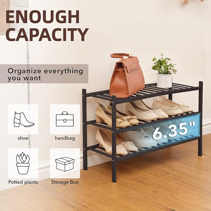 3 Tier Bamboo Shoe Rack Storage Organizer for Closet, Multifunctional Stackable Free Standing Shoe Shelf Organizer for Small 
